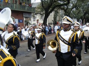 Band participating in the local homecoming parade