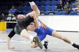 Wrestlers in the middle of a wrestling match