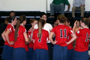 Vollleyball coach talking to team during a match.